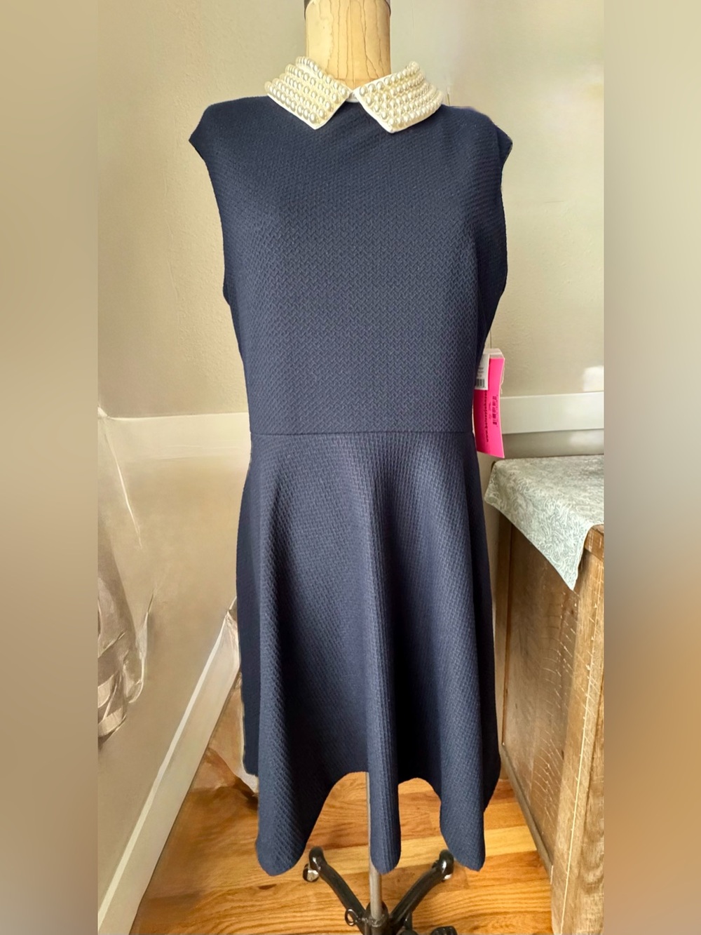 New Betsey Johnson Pearl Collar Navy Fit-and-Flare Dress, Size 12